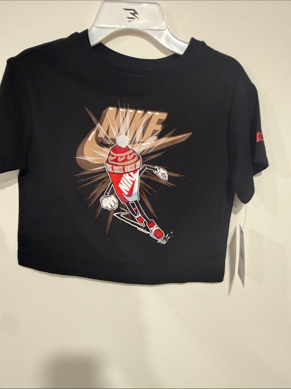 Nike Black Crop Tee with Red & Tan Graphic